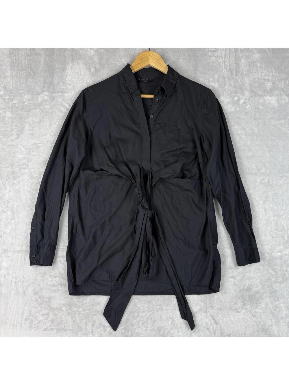 AllSaints Tie Front Blouse Black 100% Lyocell Button Shirt Size Small Modern